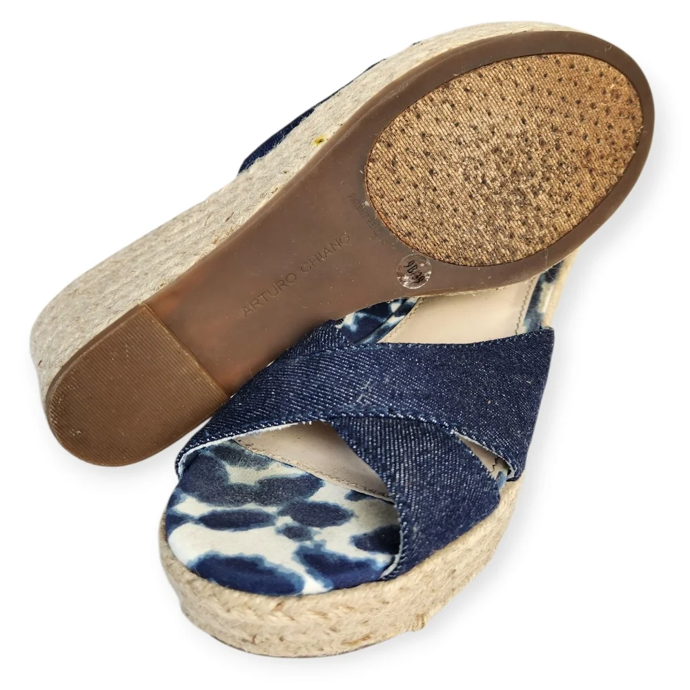 Arturo Chiang Blue Denim Espadrille Wedge Sandals Size 9B